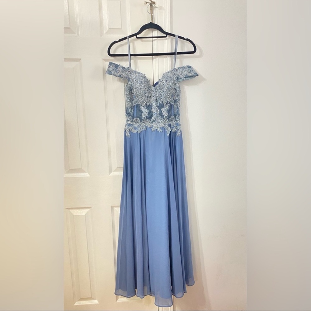 Xscape Blue Off-Shoulder Gown
